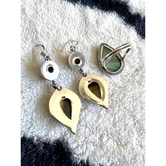 925 Super Flash Labradorite Earrings + Ring Set - Picture 3 of 8